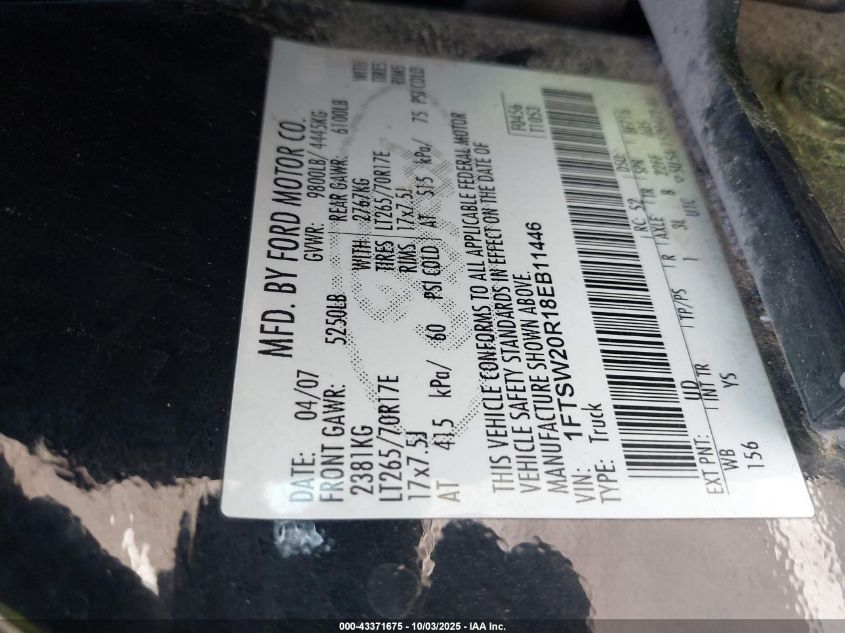 2008 Ford F-250 King Ranch/Lariat/Xl/Xlt VIN: 1FTSW20R18EB11446 Lot: 43371675