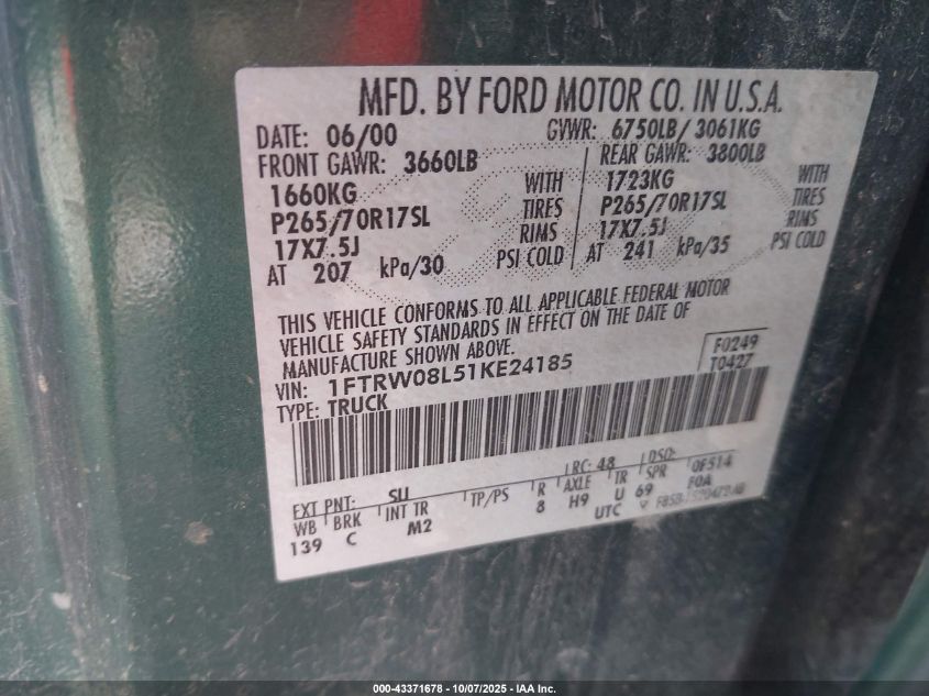2001 Ford F-150 King Ranch Edition/Lariat/Xlt VIN: 1FTRW08L51KE24185 Lot: 43371678