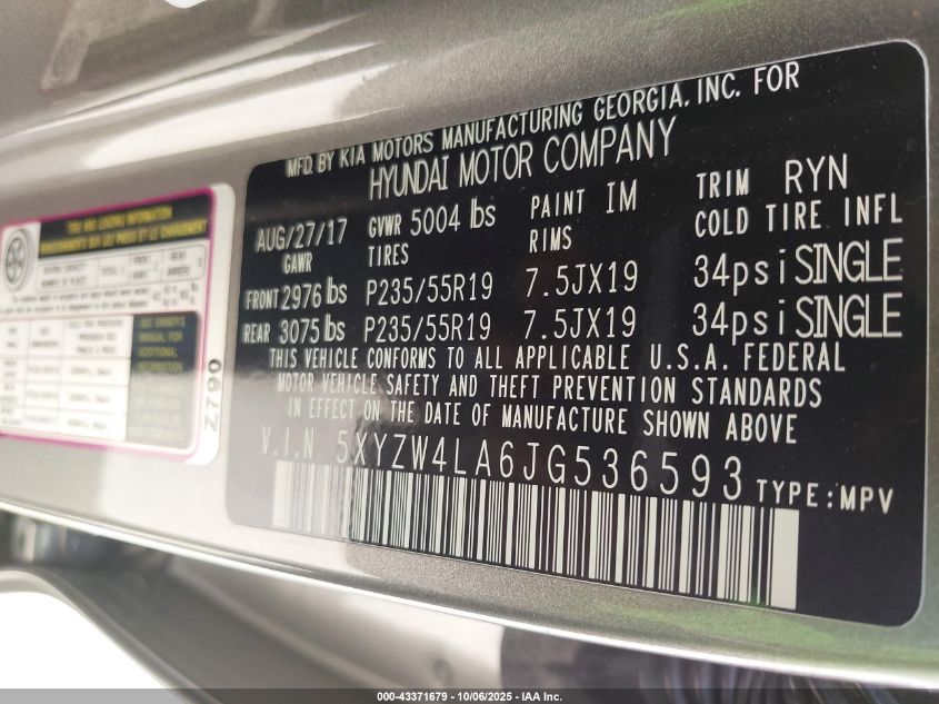 2018 Hyundai Santa Fe Sport 2.0T Ultimate VIN: 5XYZW4LA6JG536593 Lot: 43371679