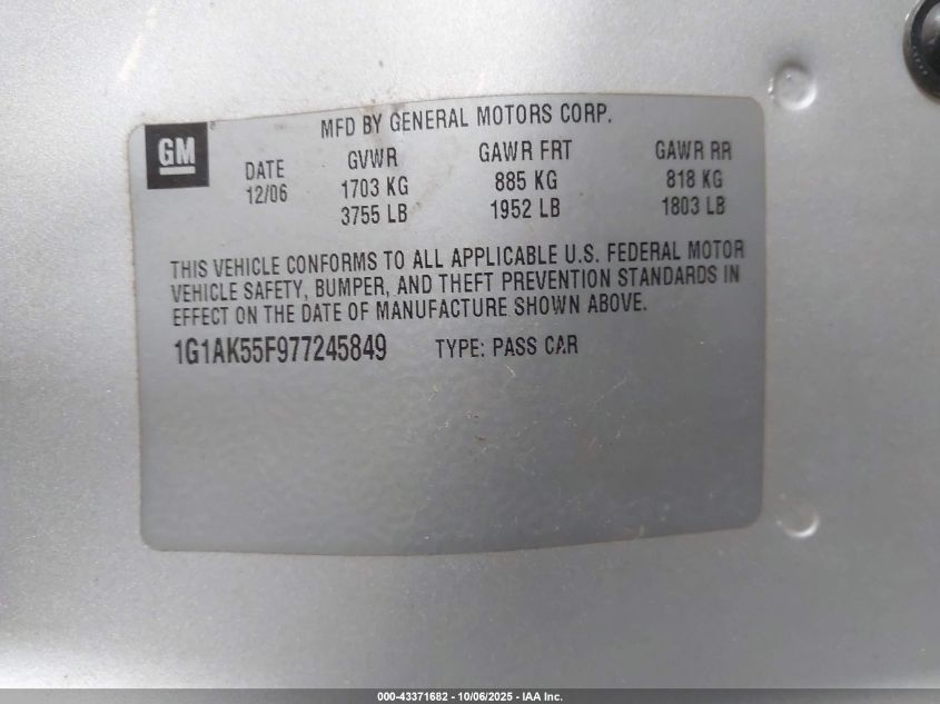 2007 Chevrolet Cobalt Ls VIN: 1G1AK55F977245849 Lot: 43371682