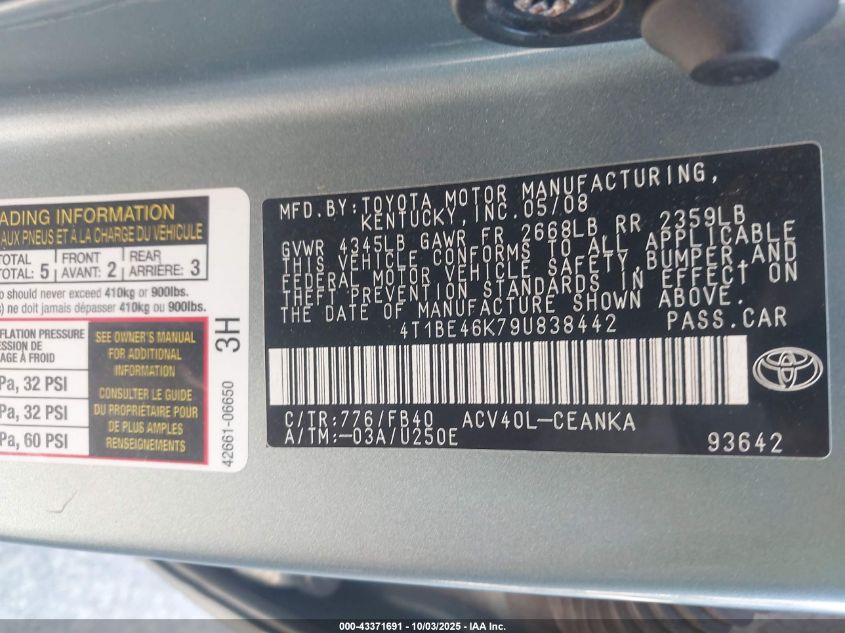 2009 Toyota Camry Le VIN: 4T1BE46K79U838442 Lot: 43371691