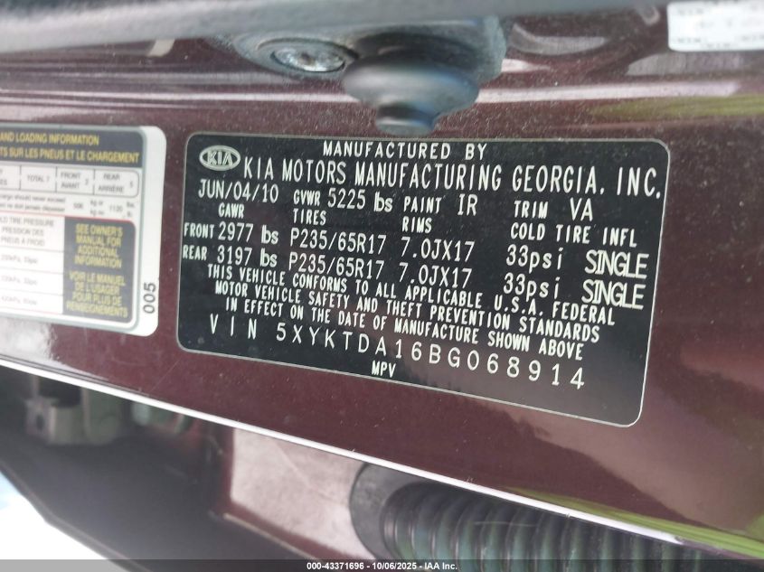 2011 Kia Sorento Lx VIN: 5XYKTDA16BG068914 Lot: 43371696