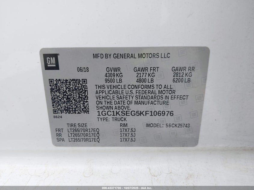 2019 Chevrolet Silverado 2500Hd Lt VIN: 1GC1KSEG5KF106976 Lot: 43371700