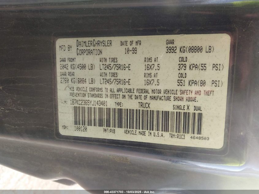 1999 Dodge Ram 3500 St VIN: 1B7MC3368XJ541585 Lot: 43371703