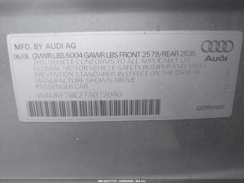 2007 Audi A4 2.0T Avant VIN: WAUKF78E27A012040 Lot: 43371710
