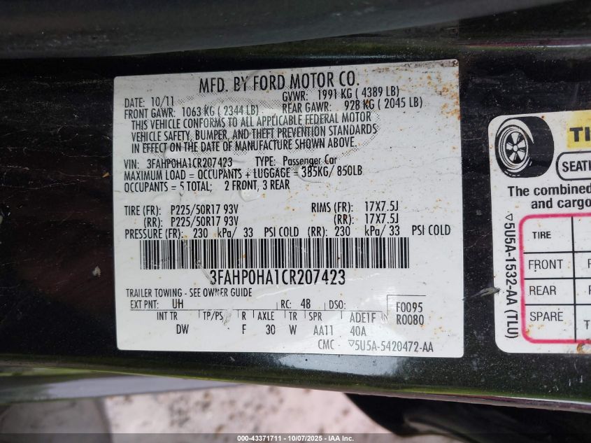 2012 Ford Fusion Se VIN: 3FAHP0HA1CR207423 Lot: 43371711