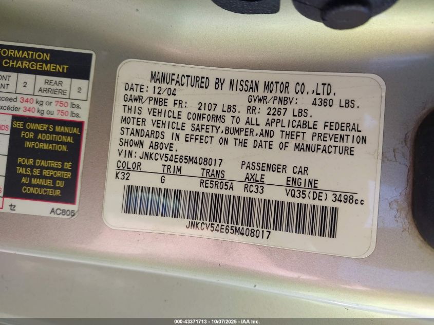 2005 Infiniti G35 VIN: JNKCV54E65M408017 Lot: 43371713