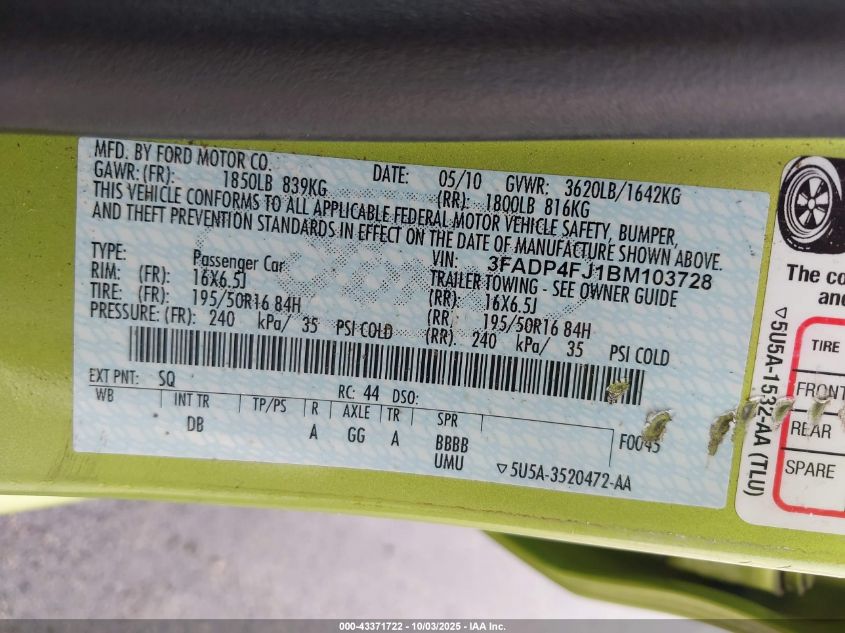 2011 Ford Fiesta Ses VIN: 3FADP4FJ1BM103728 Lot: 43371722