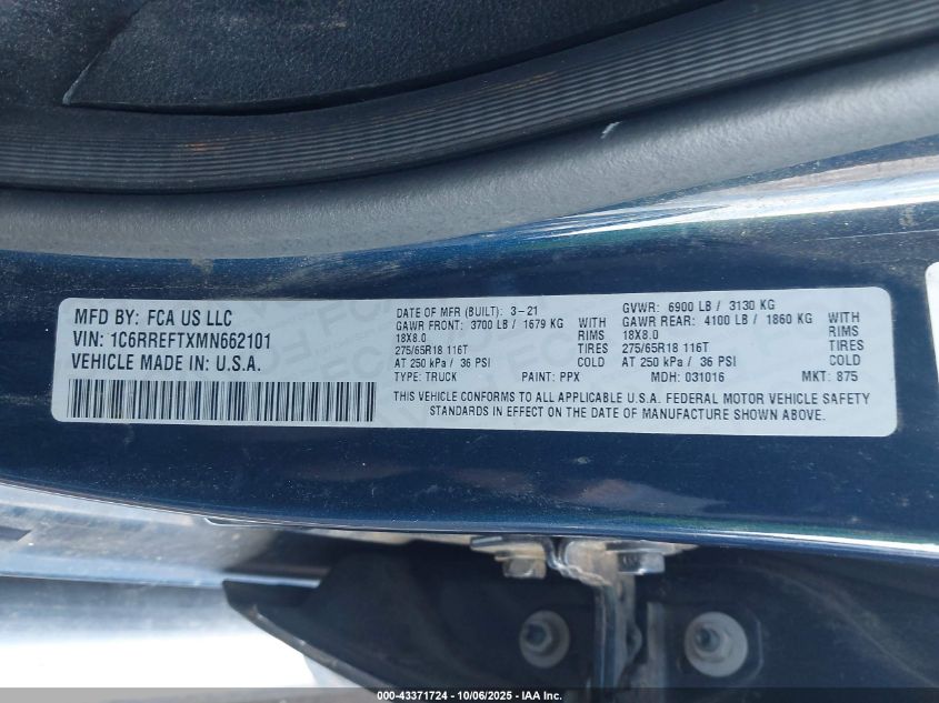 2021 Ram 1500 Big Horn 4X2 5'7 Box VIN: 1C6RREFTXMN662101 Lot: 43371724