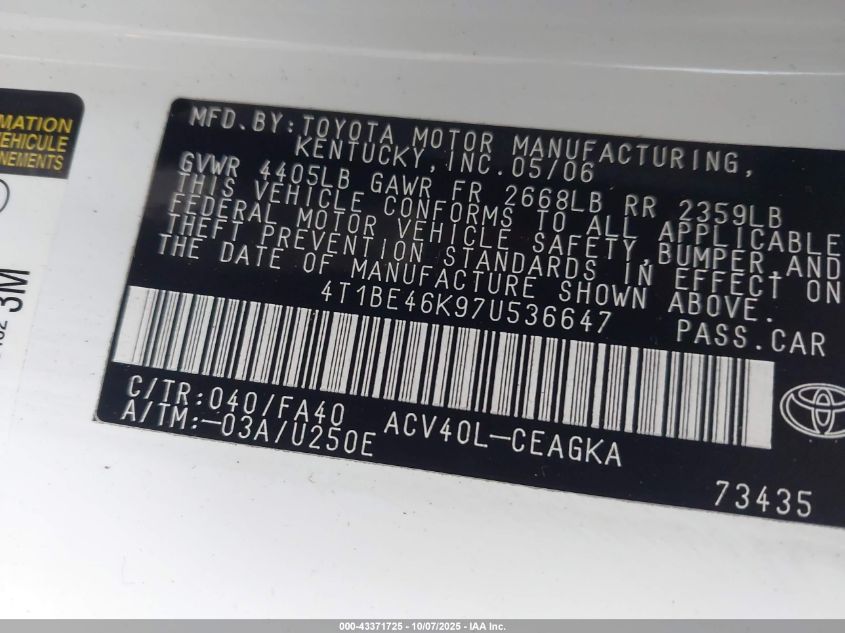 2007 Toyota Camry Xle VIN: 4T1BE46K97U536647 Lot: 43371725