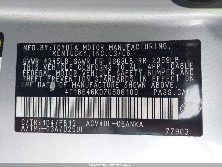 2007 Toyota Camry Le VIN: 4T1BE46K07U506100 Lot: 43371728