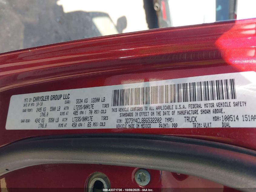 2011 Ram Ram 3500 Laramie VIN: 3D73Y4CL8BG532202 Lot: 43371736
