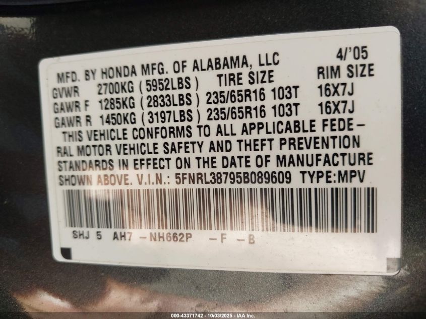 2005 Honda Odyssey Ex-L VIN: 5FNRL38795B089609 Lot: 43371742