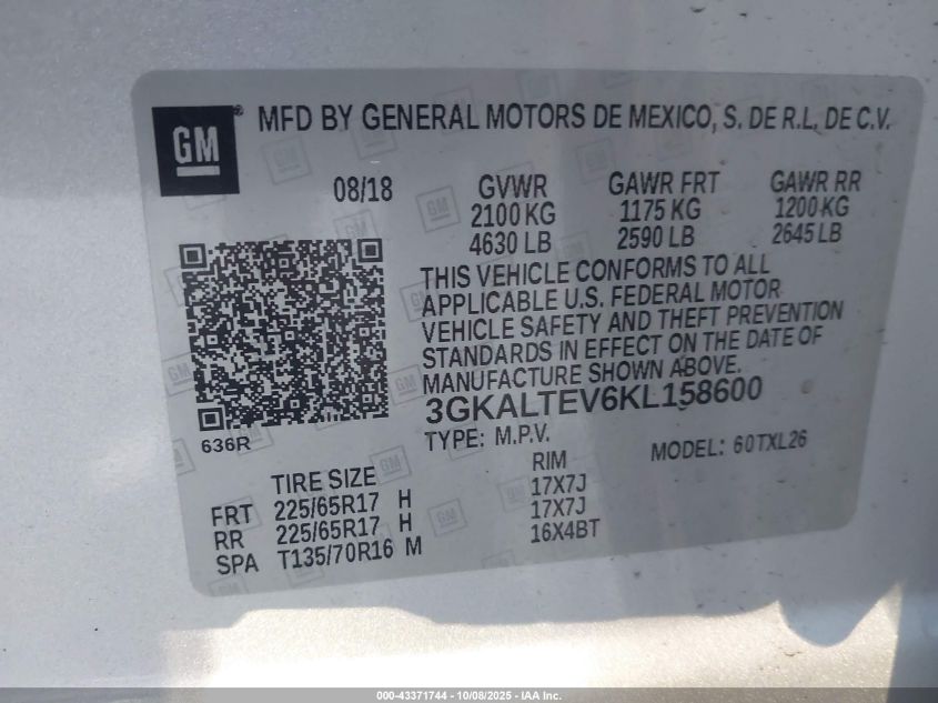 2019 GMC Terrain Sle VIN: 3GKALTEV6KL158600 Lot: 43371744