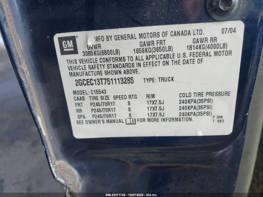 2005 Chevrolet Silverado 1500 Lt VIN: 2GCEC13T751113285 Lot: 43371745