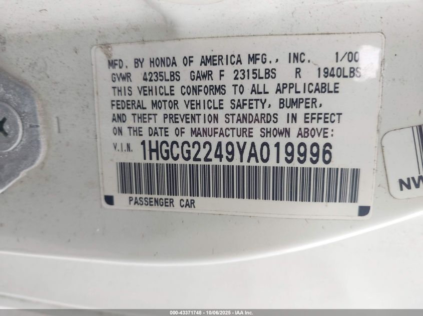 2000 Honda Accord 3.0 Lx VIN: 1HGCG2249YA019996 Lot: 43371748