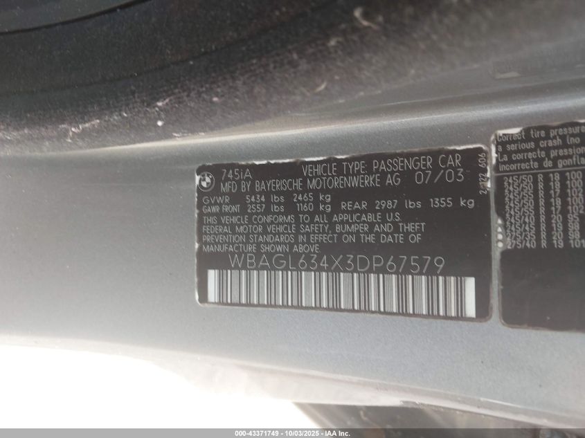2003 BMW 745I VIN: WBAGL634X3DP67579 Lot: 43371749