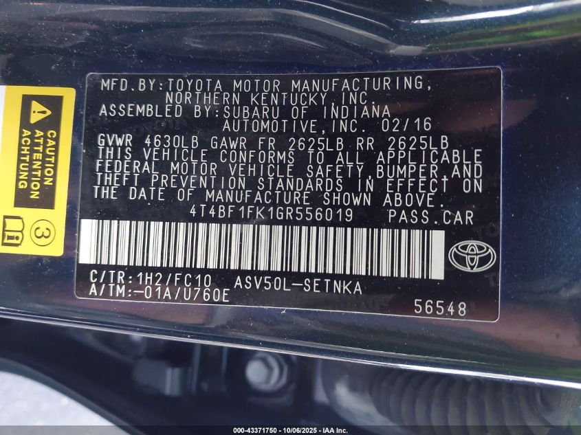 2016 Toyota Camry Le VIN: 4T4BF1FK1GR556019 Lot: 43371750