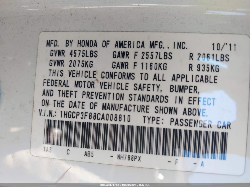 2012 Honda Accord 3.5 Ex-L VIN: 1HGCP3F88CA008810 Lot: 43371753