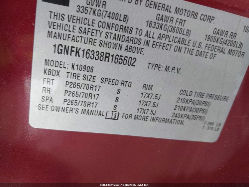 2008 Chevrolet Suburban 1500 Lt VIN: 1GNFK16338R165602 Lot: 43371754