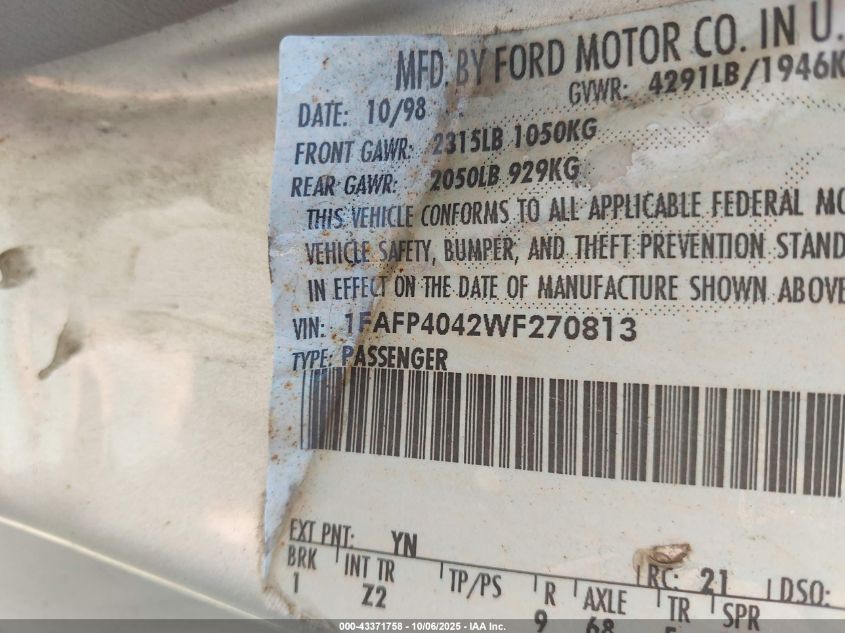 1998 Ford Mustang VIN: 1FAFP4042WF270813 Lot: 43371758