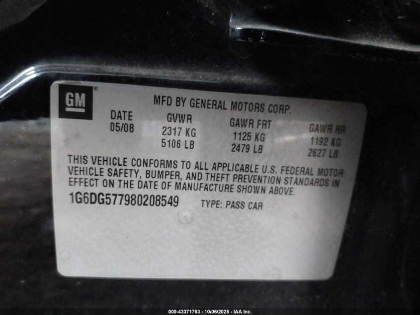 2008 Cadillac Cts Standard VIN: 1G6DG577980208549 Lot: 43371763