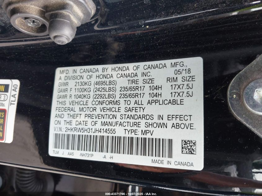 2018 Honda Cr-V Lx VIN: 2HKRW5H31JH414555 Lot: 43371766