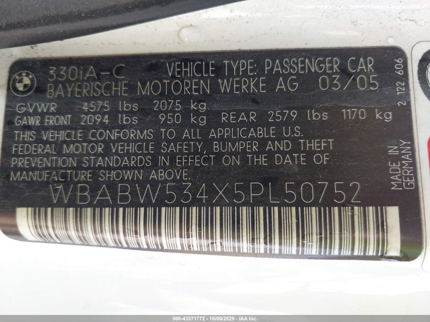 2005 BMW 330Ci VIN: WBABW534X5PL50752 Lot: 43371772