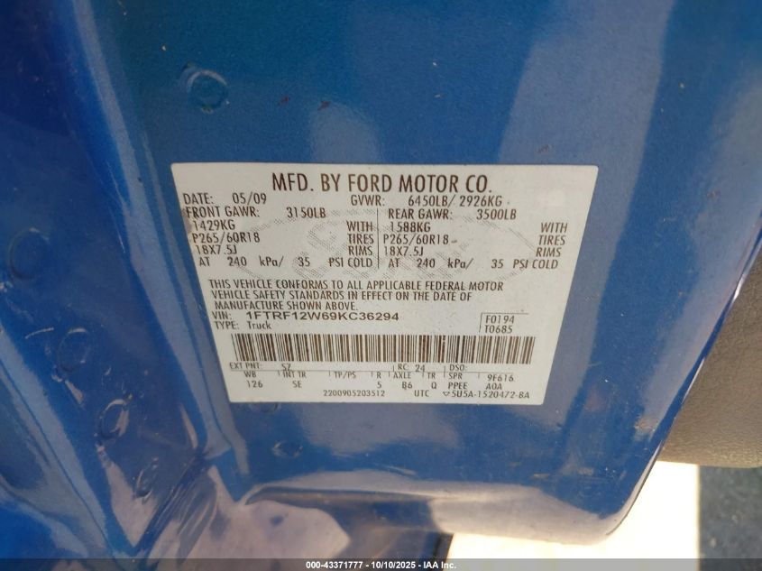 2009 Ford F-150 Stx/Xl/Xlt VIN: 1FTRF12W69KC36294 Lot: 43371777