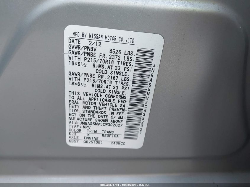 2012 Nissan Rogue S VIN: JN8AS5MV5CW392027 Lot: 43371791