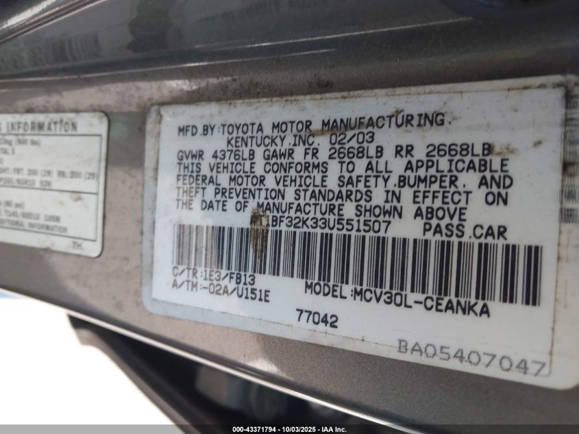 2003 Toyota Camry Le V6 VIN: 4T1BF32K33U551507 Lot: 43371794