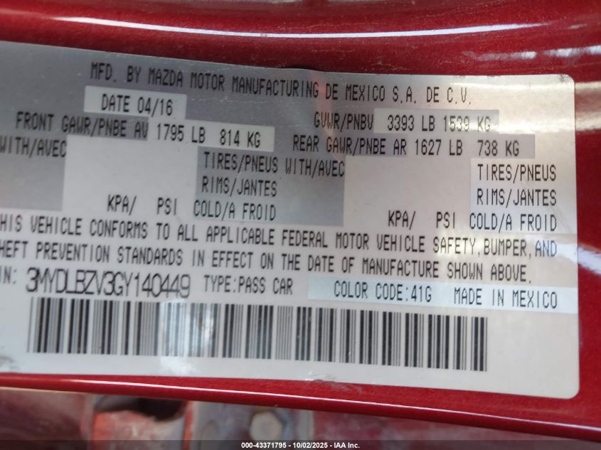 2016 Scion Ia VIN: 3MYDLBZV3GY140449 Lot: 43371795