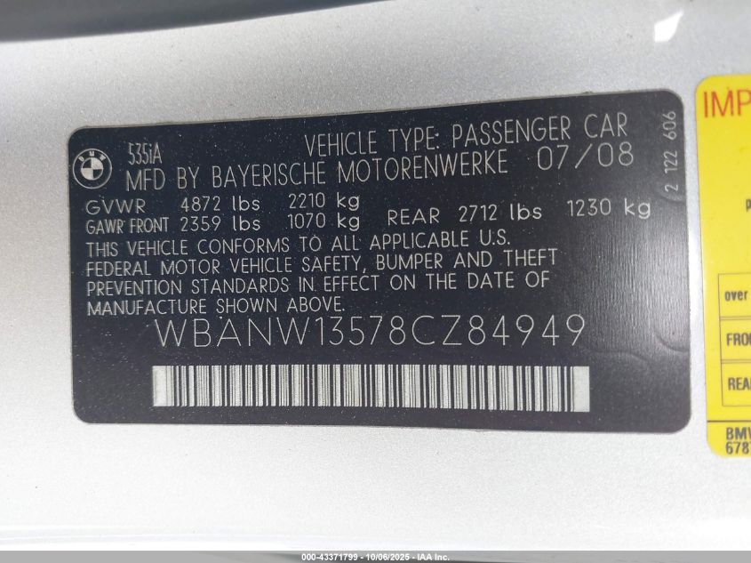 2008 BMW 535I VIN: WBANW13578CZ84949 Lot: 43371799