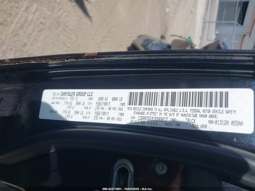 2013 RAM 1500 SLT - 1C6RR7GG3DS593217