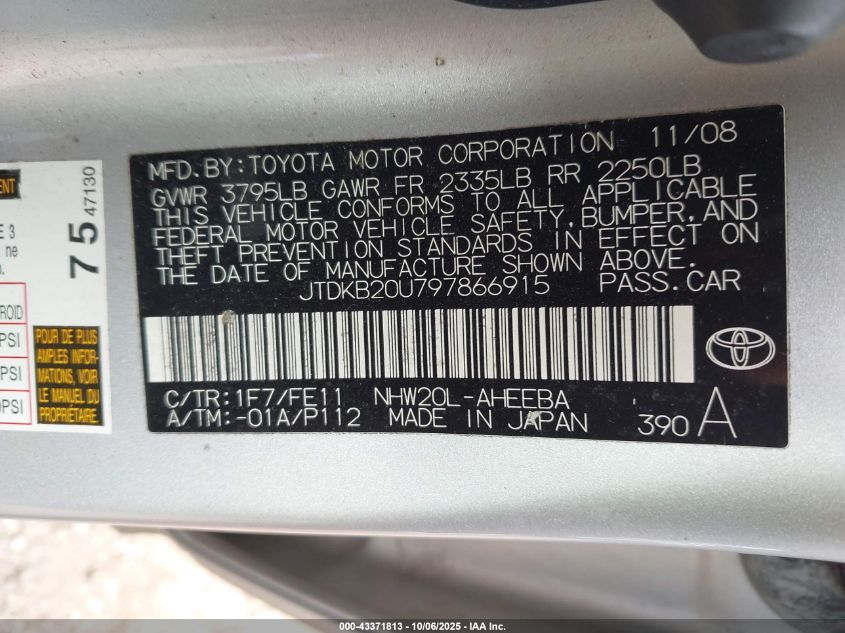 2009 Toyota Prius VIN: JTDKB20U797866915 Lot: 43371813