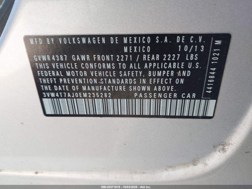 2014 Volkswagen Jetta Gli VIN: 3VW4T7AJ0EM235282 Lot: 43371819