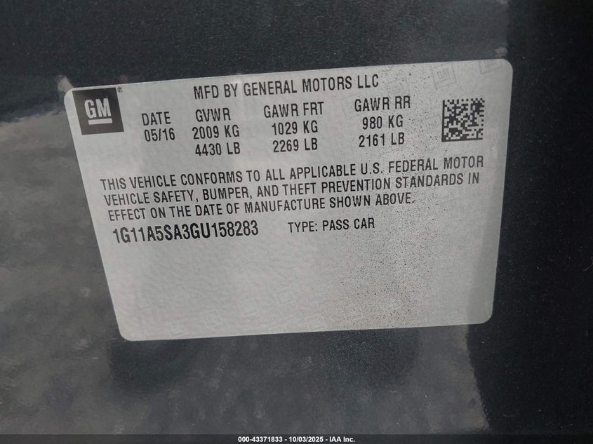 2016 Chevrolet Malibu Limited 1Fl VIN: 1G11A5SA3GU158283 Lot: 43371833