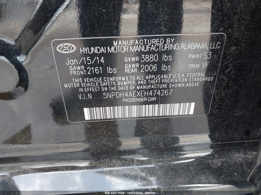 2014 HYUNDAI ELANTRA LIMITED - 5NPDH4AEXEH474267