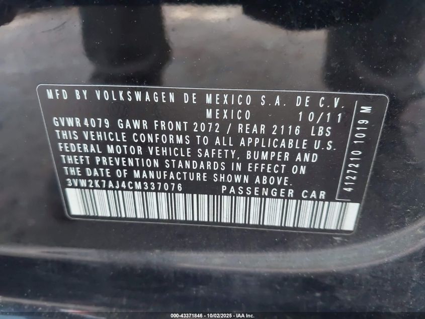 2012 Volkswagen Jetta 2.0L S VIN: 3VW2K7AJ4CM337076 Lot: 43371846