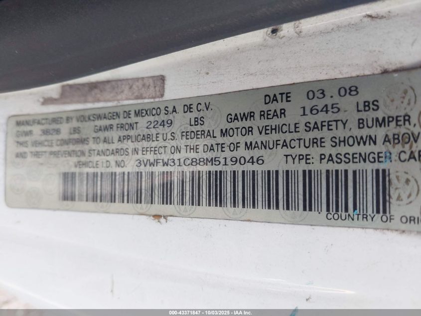 2008 Volkswagen New Beetle Black Tie Edition/Triple White VIN: 3VWFW31C88M519046 Lot: 43371847