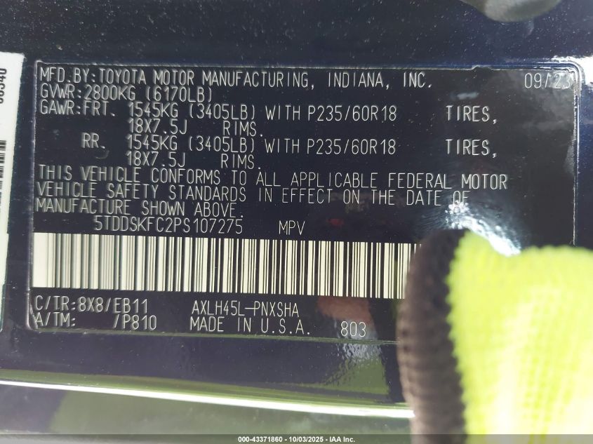 2023 Toyota Sienna Xse VIN: 5TDDSKFC2PS107275 Lot: 43371860
