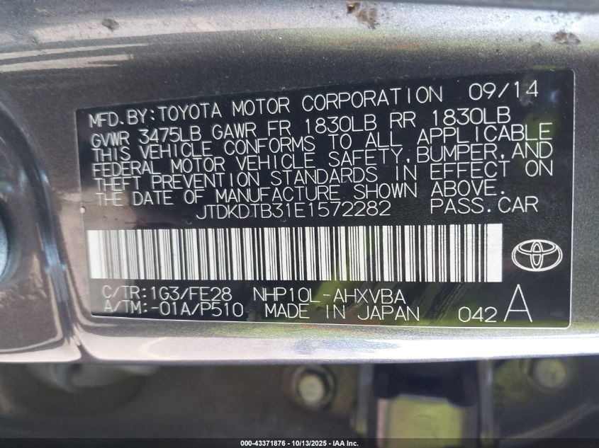 2014 Toyota Prius C One VIN: JTDKDTB31E1572282 Lot: 43371876