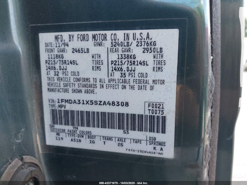 1995 Ford Aerostar VIN: 1FMDA31X5SZA48308 Lot: 43371879