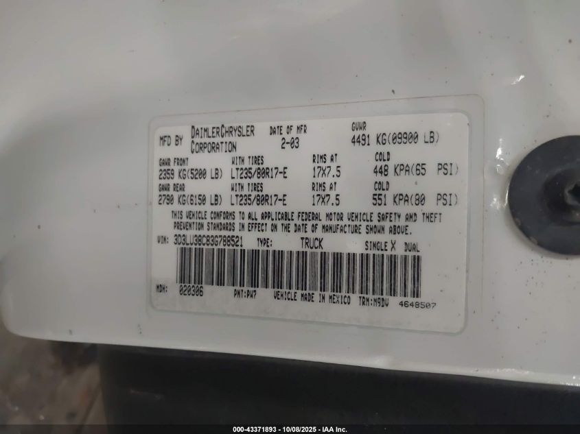 2003 Dodge Ram 3500 Slt/Laramie/St VIN: 3D3LU38C83G788521 Lot: 43371893