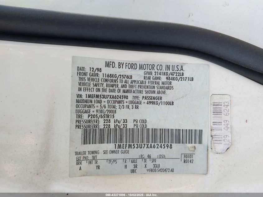 1999 Mercury Sable Ls VIN: 1MEFM53U7XA624598 Lot: 43371896