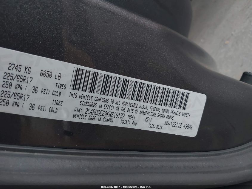 2019 Dodge Grand Caravan Gt VIN: 2C4RDGEG0KR619197 Lot: 43371897