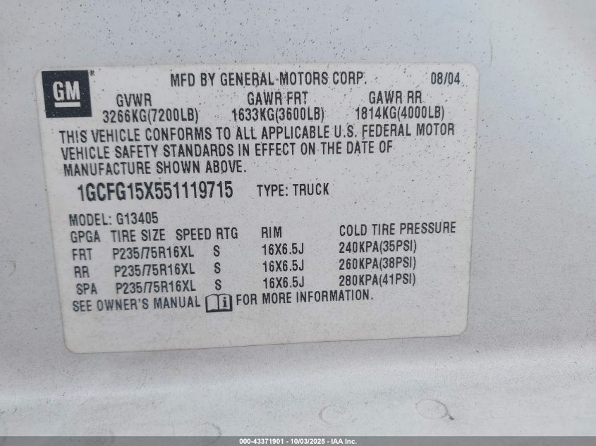 2005 Chevrolet Express VIN: 1GCFG15X551119715 Lot: 43371901