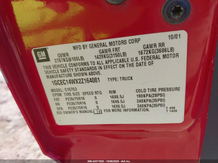 2002 Chevrolet Silverado 1500 VIN: 1GCEC14WX2Z164081 Lot: 43371920