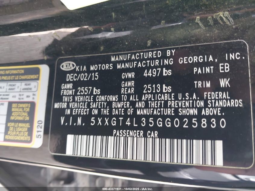 2016 Kia Optima Lx VIN: 5XXGT4L35GG025830 Lot: 43371931