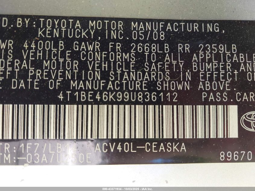 2009 Toyota Camry Se VIN: 4T1BE46K99U836112 Lot: 43371934